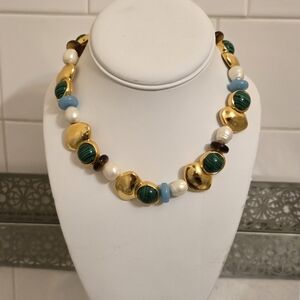 JCrew Gold-Tone Green Malachite & Pearl Bead Statement Necklace